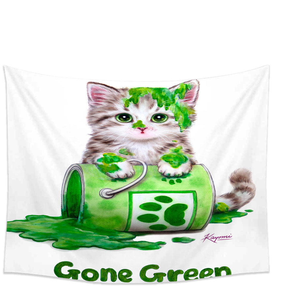 Funny Tapestries and Wall Decor Cute Cats Gone Green Tabby Kitten