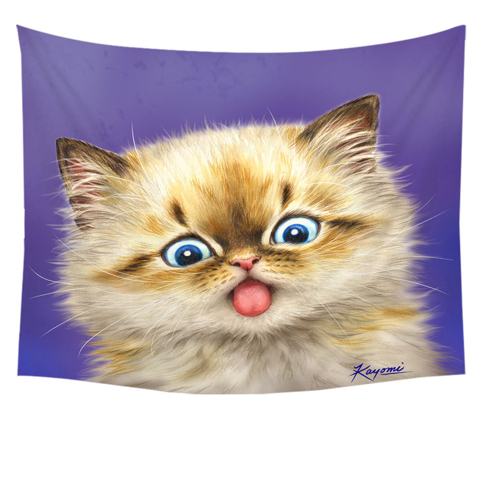 Funny Tapestry Fool Face Kitten Cat with Tongue Out
