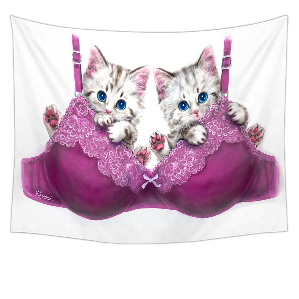 Funny Tapestry Wall Art Prints Cats in Purple Bra Cute Grey Kittens