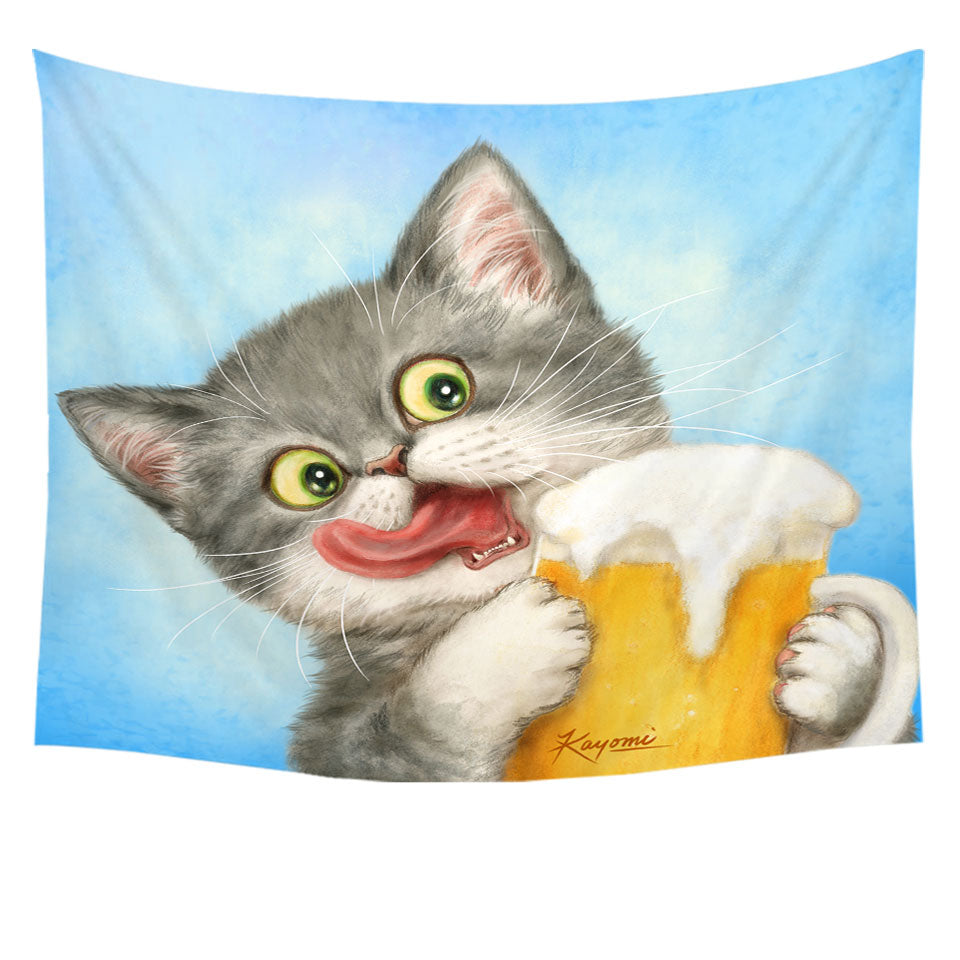 Funny Tapestry Wall Decor Cats Art Crazy for Beer Grey Kitten