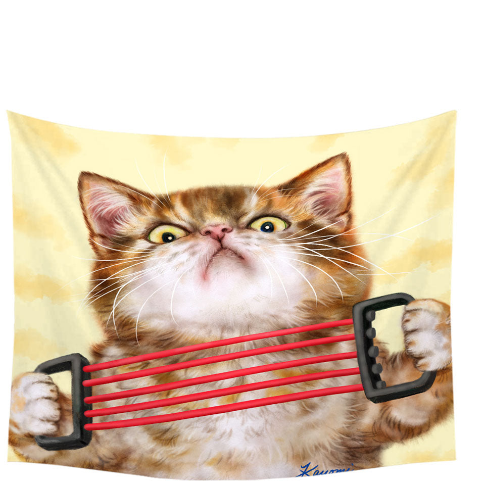Funny Tapestry Wall Hanging Kittens Tabby Cat Doing Exercise