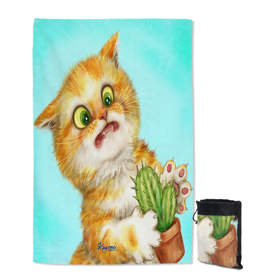 Funny Thin Beach Towels Ginger Cat Playing with a Cactus