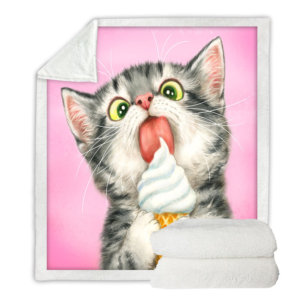 Funny Throw Blanket Cute Cats Art Licking Ice Cream Kitten