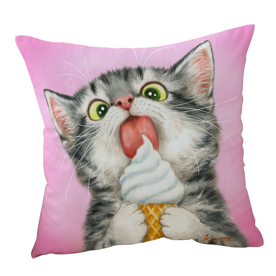 Funny Throw Cushions Cute Cats Art Licking Ice Cream Kitten
