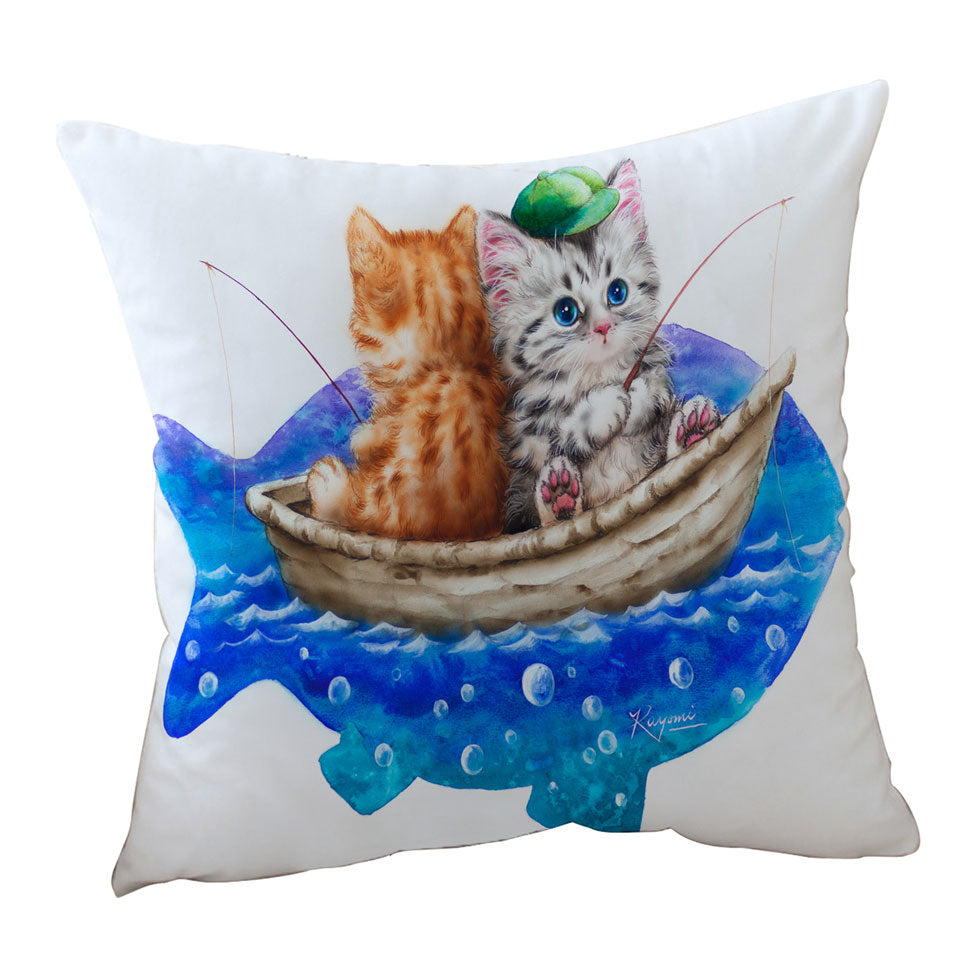 Funny Throw Cushions and Pillows Cats Art Drawing Fishing Buddies Kittens