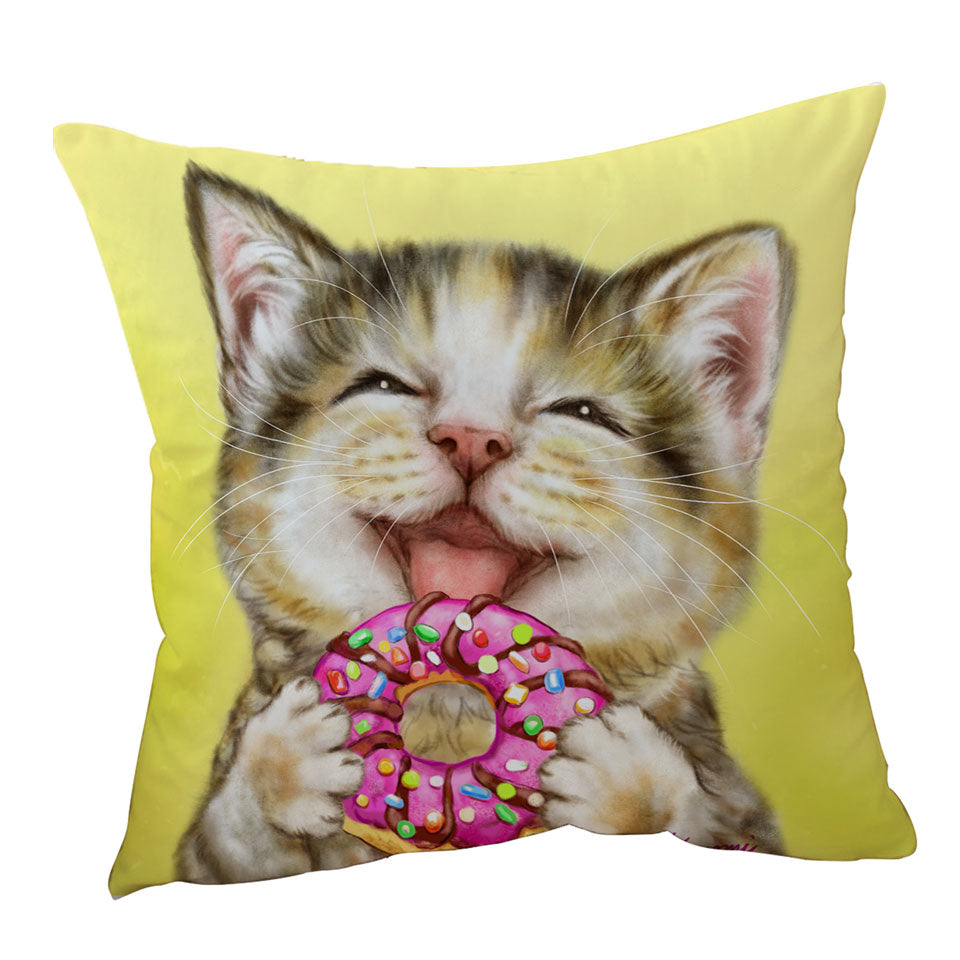 Funny Throw Cushions and Pillows Cats Happy Tabby Kitten Eating Doughnut