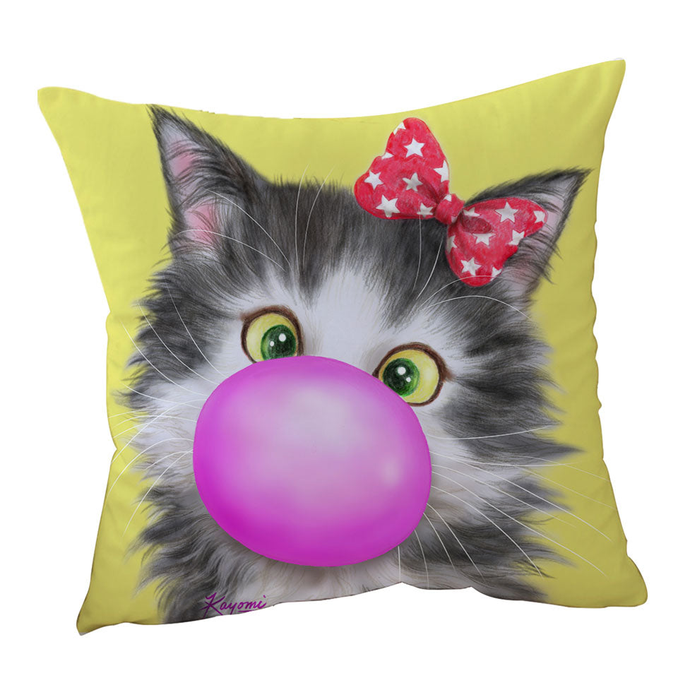 Funny Throw Pillow Cat Prints Bubble Gum Girl Kitten