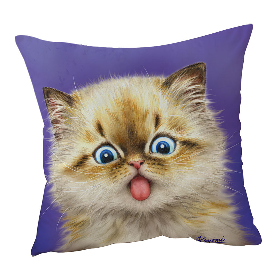 Funny Throw Pillow Cover Fool Face Kitten Cat with Tongue Out