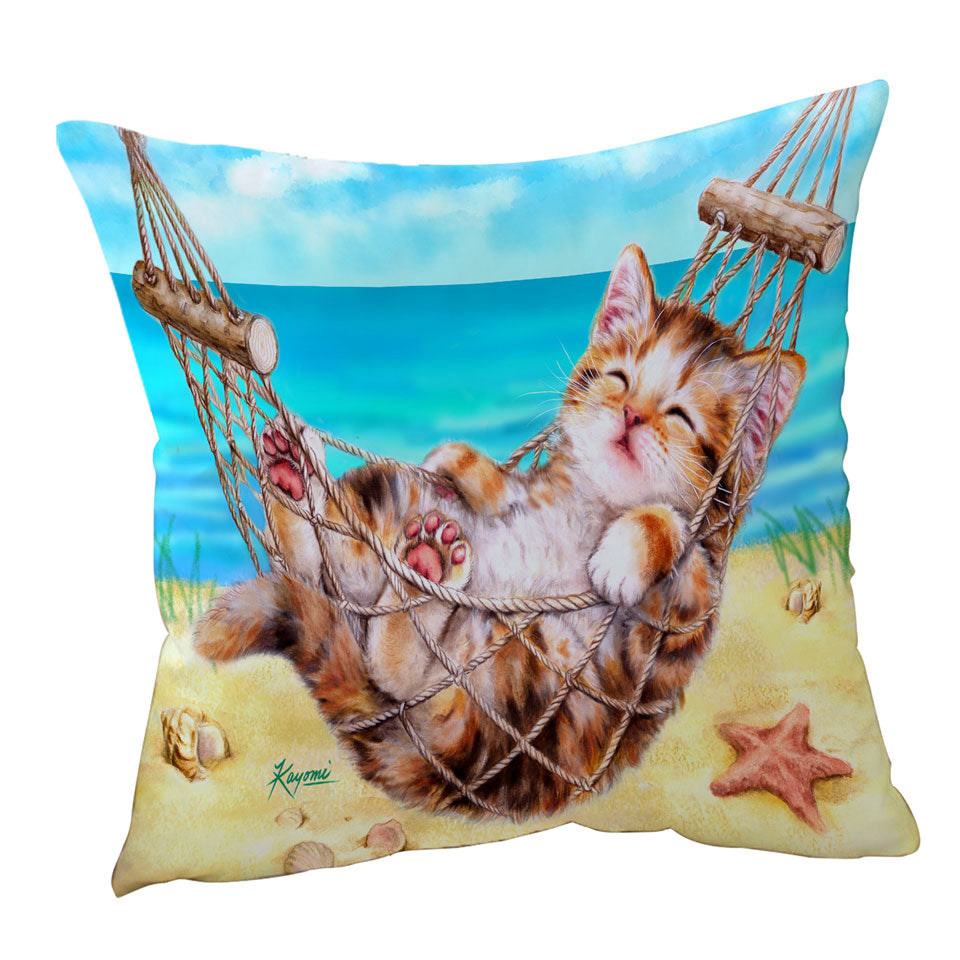 Funny Throw Pillows Art Designs for Children Kitten Beach Time