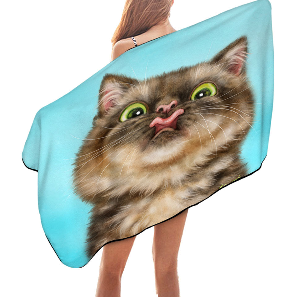 Funny Trendy Pool Towels Cats Licking Brown Tabby Kitty Cat