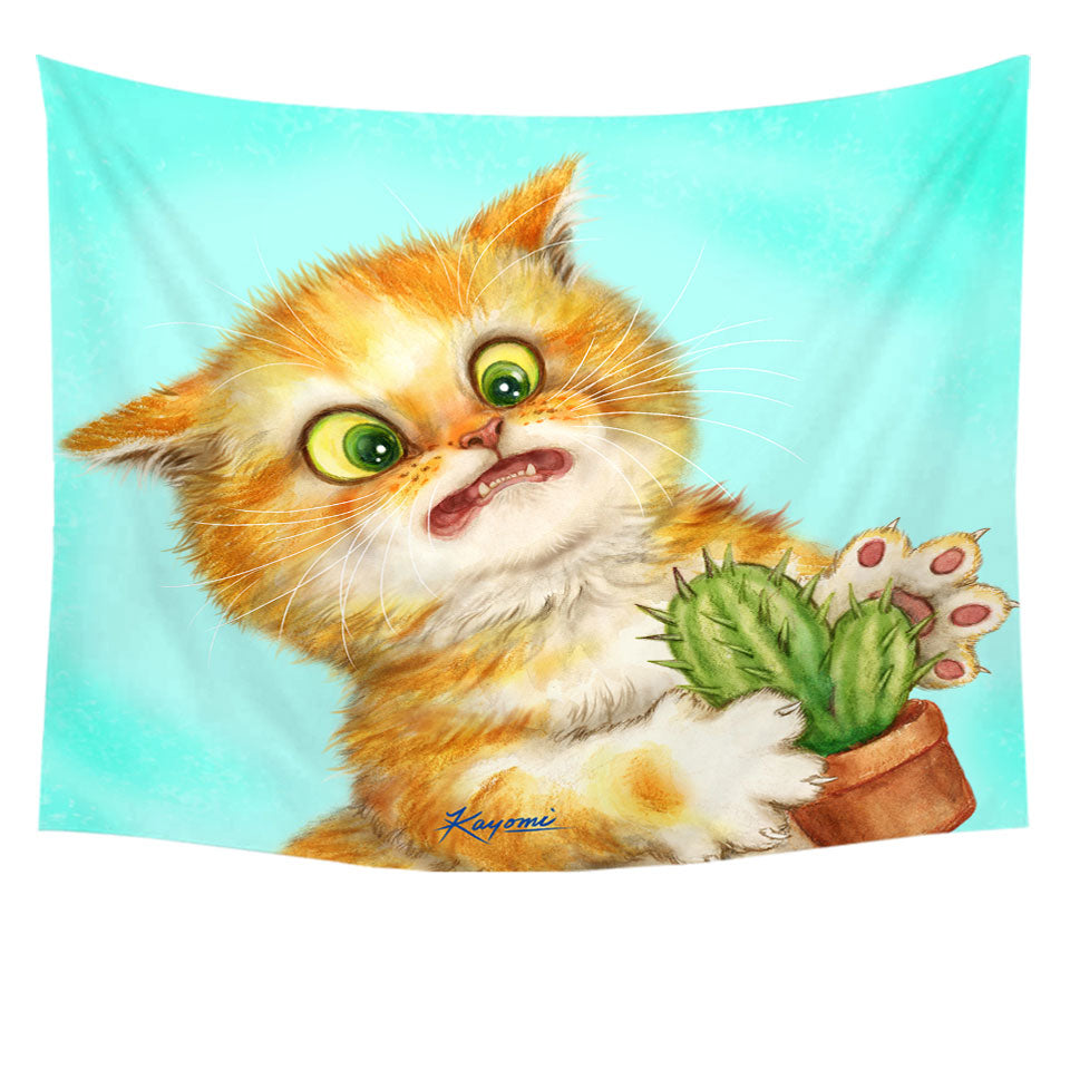 Funny Wall Art Prints Ginger Cat Playing with a Cactus