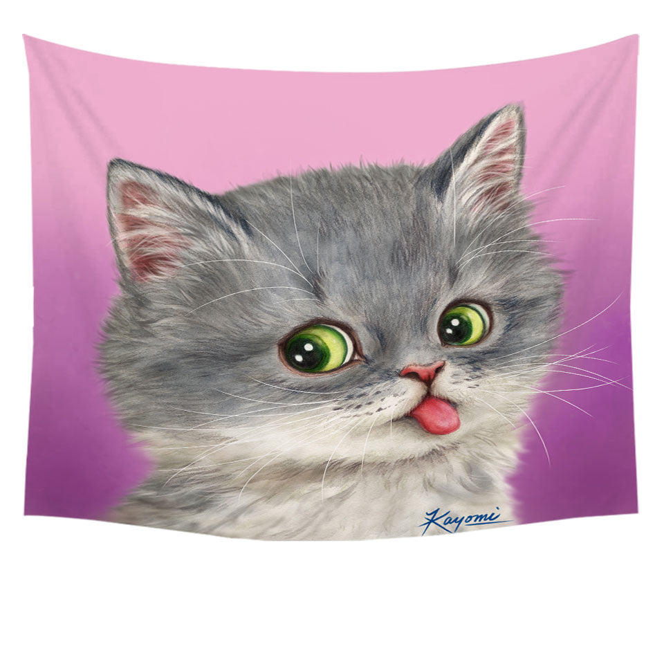 Funny Wall Art Prints Tongue Out Funny Face Grey Kitten Cat