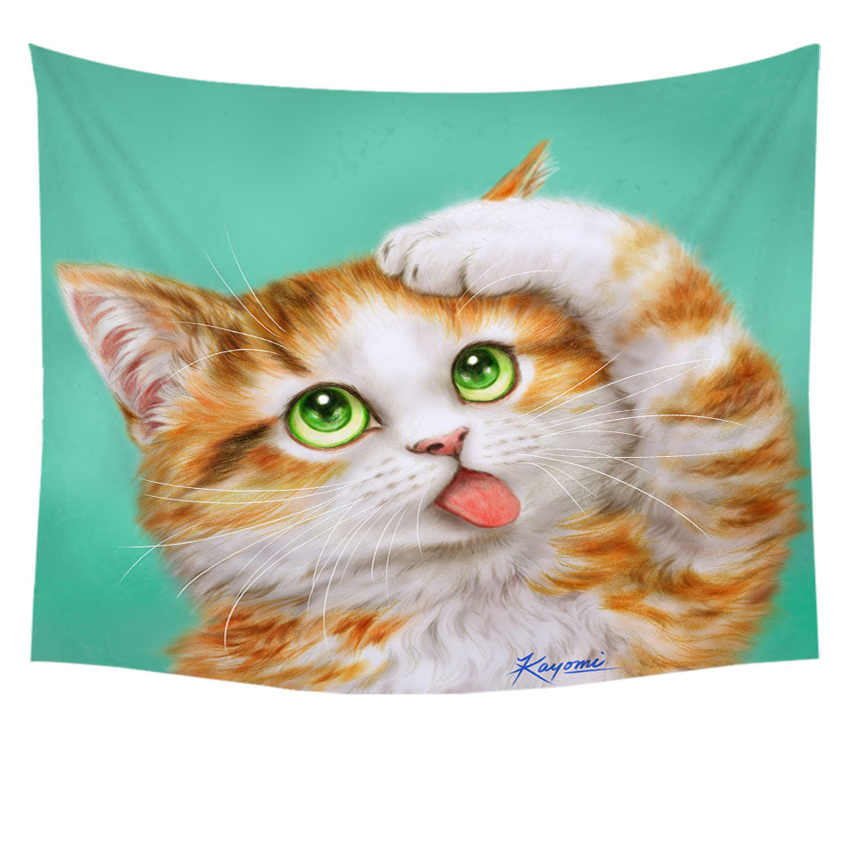 Funny Wall Decor Cat Prints Goofy Face Cute Ginger Kitten Tapestry