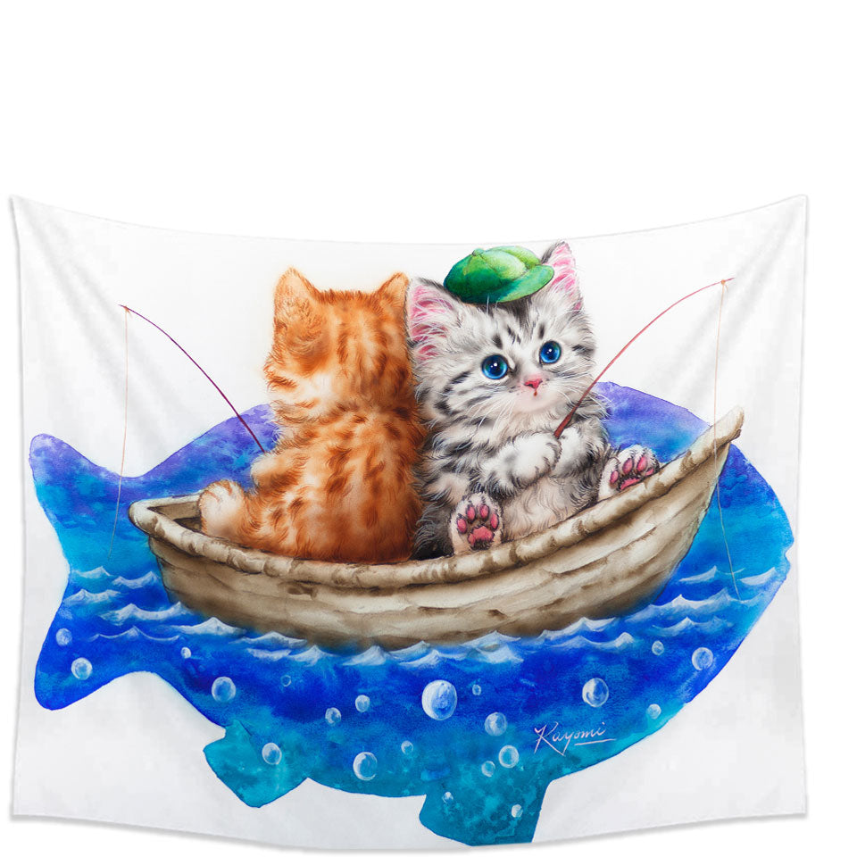 Funny Wall Decor Cats Art Drawing Fishing Buddies Kittens