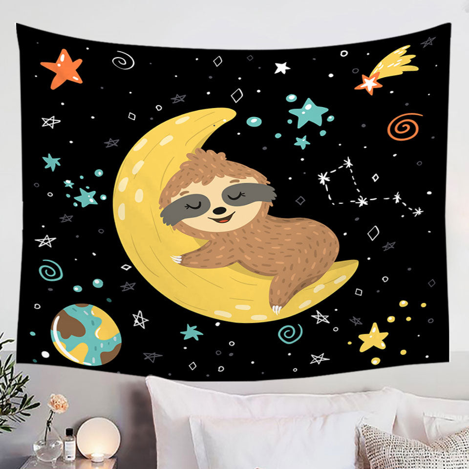 Funny Wall Decor Tapestry Astronaut Sloth Sleeping on the Moon