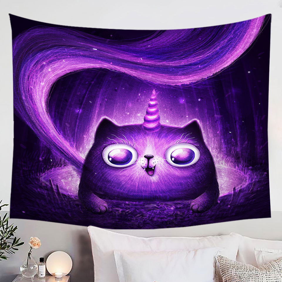 Funny Wall Decor Tapestry Crazy Eyes Purple Unicorn Cat