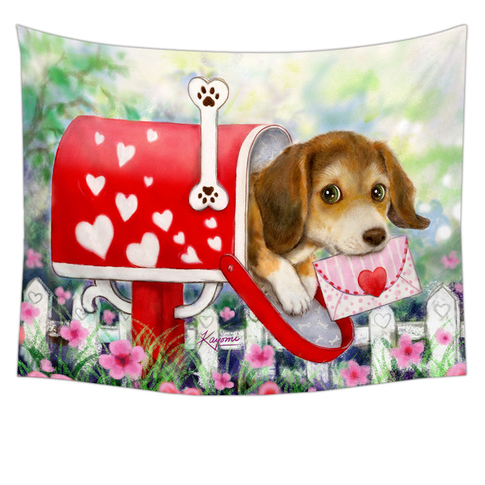 Funny Wall Decor with Dog Mailbox Puppy with Hearts Tapestry