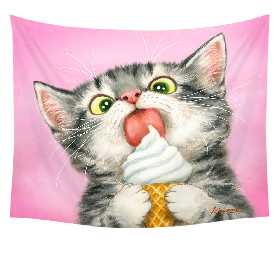Funny Wall Tapestry Cute Cats Art Licking Ice Cream Kitten