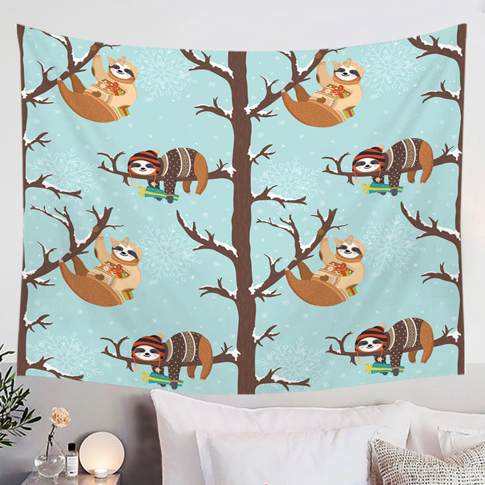 Funny Wintery Sloths Tapestry