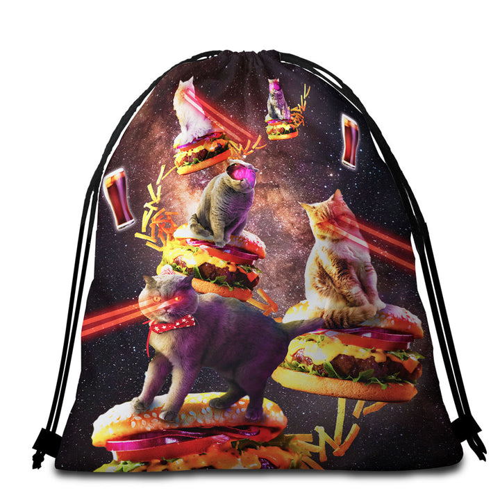 Funny and Cool Galaxy Cat on Cheeseburger Beach Towel Bags