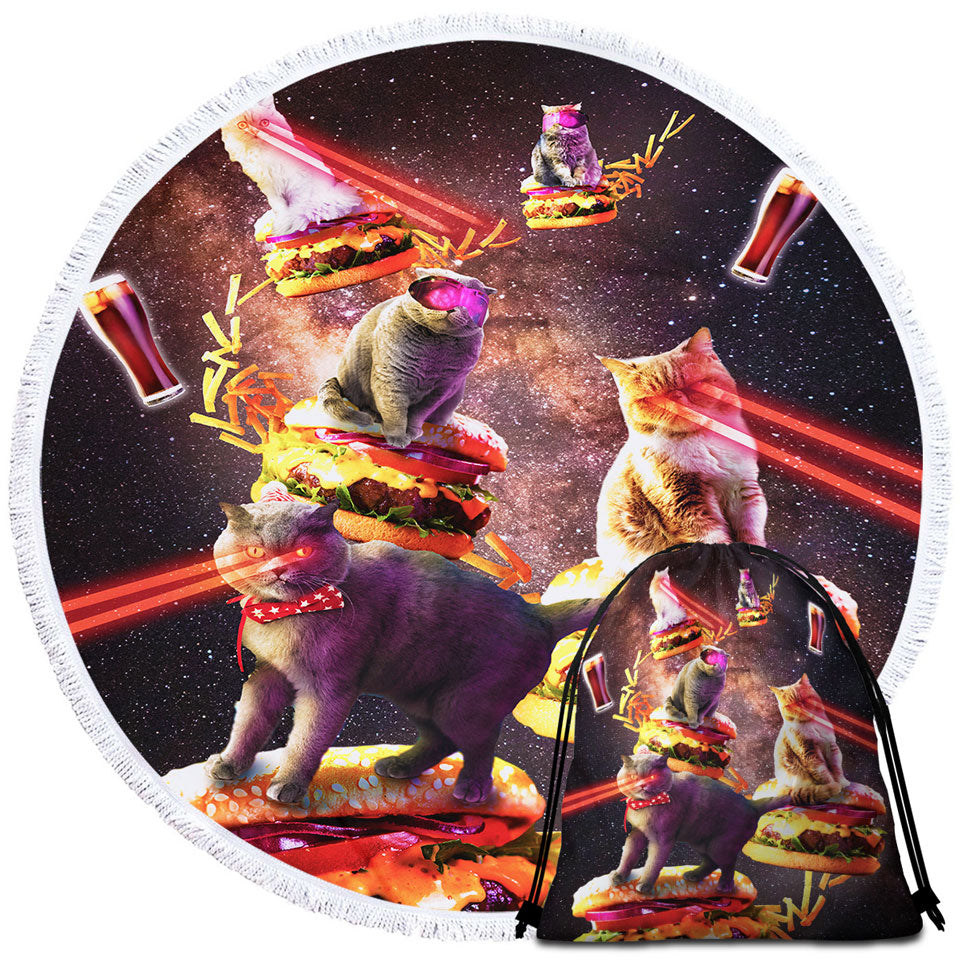 Funny and Cool Galaxy Cat on Cheeseburger Beach Towels