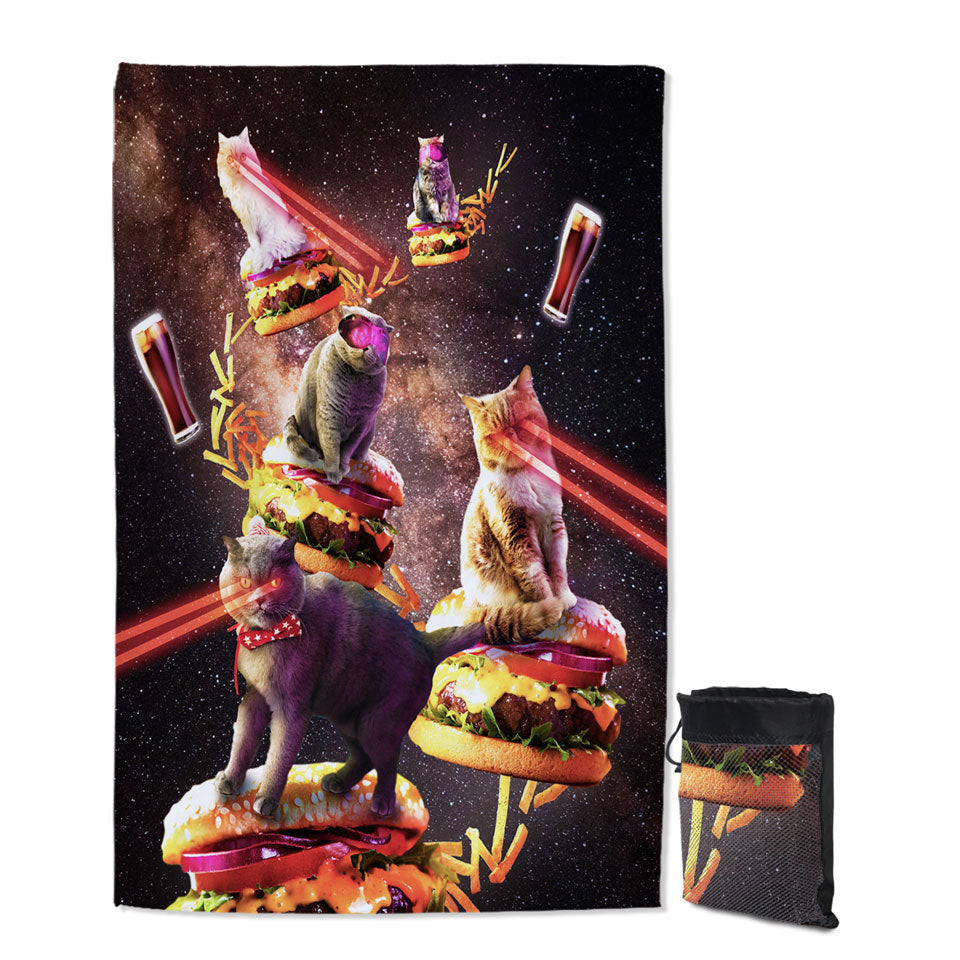 Funny and Cool Galaxy Cat on Cheeseburger Beautiful Beach Towels
