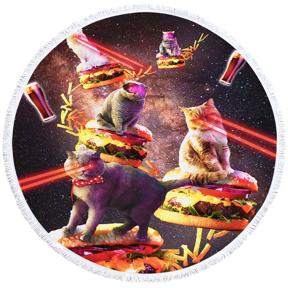 Funny and Cool Galaxy Cat on Cheeseburger Round Beach Towel
