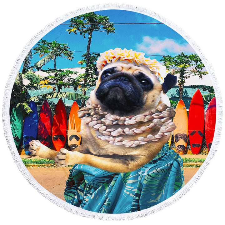 Funny and Cute Aloha Girl Pug Round Beach Towel