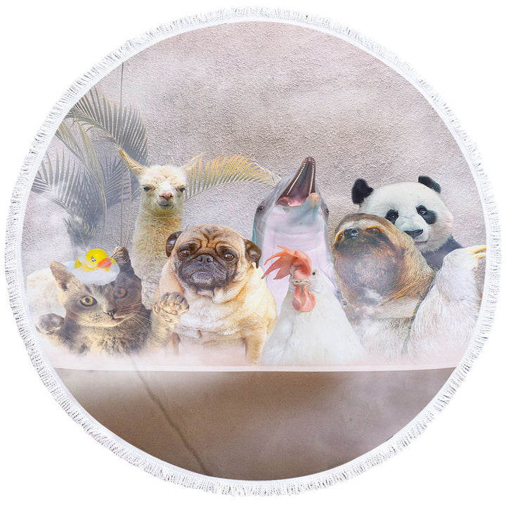 Funny and Cute Animals Round Beach Towel Taking a Bath