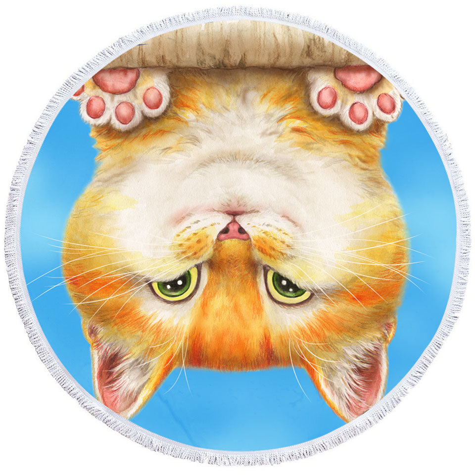 Funny and Cute Round Beach Towel Ginger Cat on a Branch