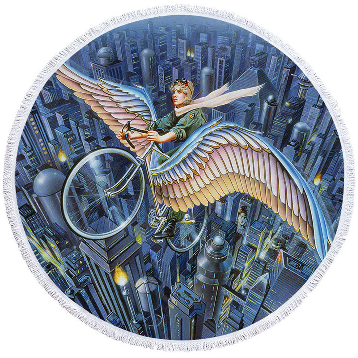 Future Icarus Bicycle Wings above the City Beach Towels for Sale
