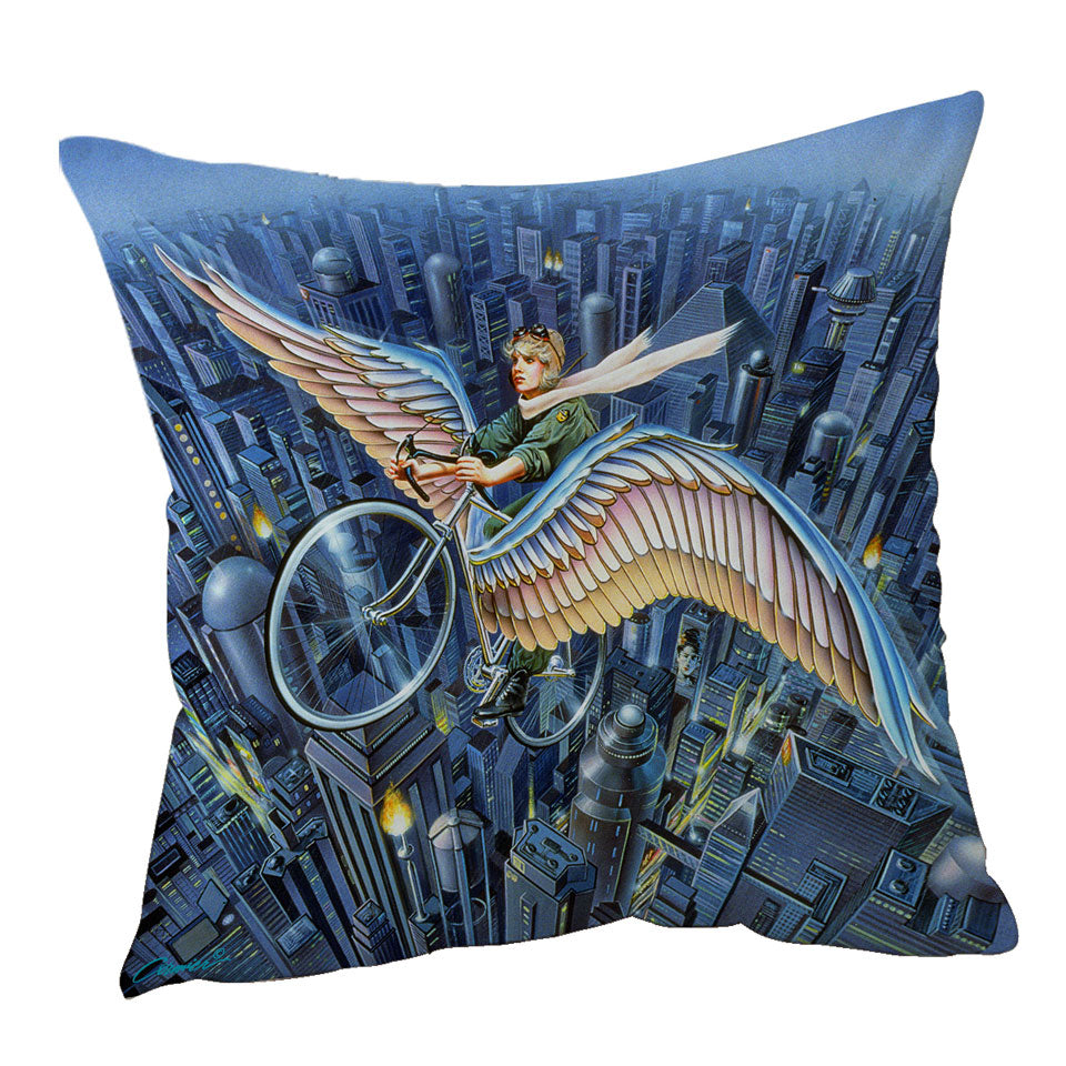 Future Icarus Bicycle Wings above the City Cushion Cover