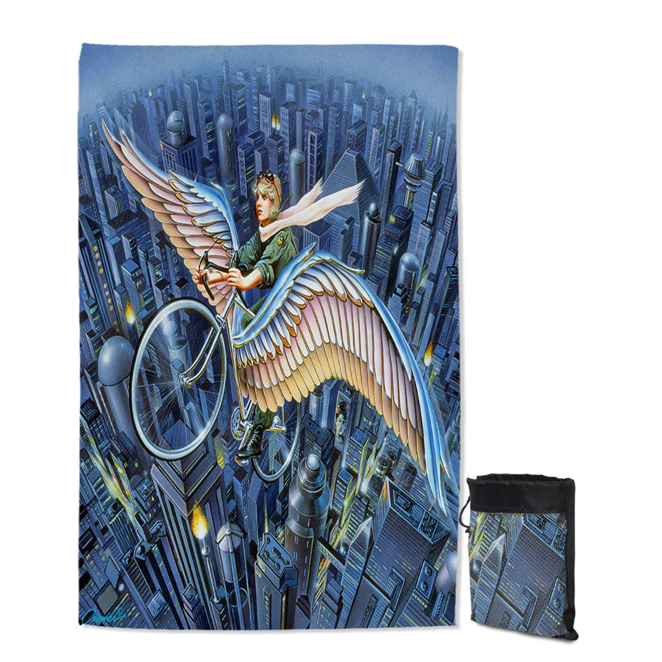Future Icarus Bicycle Wings above the City Lightweight Beach Towel