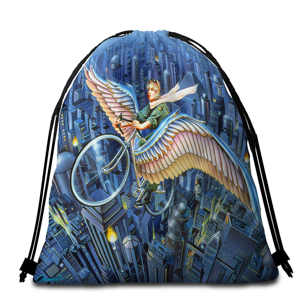Future Icarus Bicycle Wings above the City beach Towel Bags