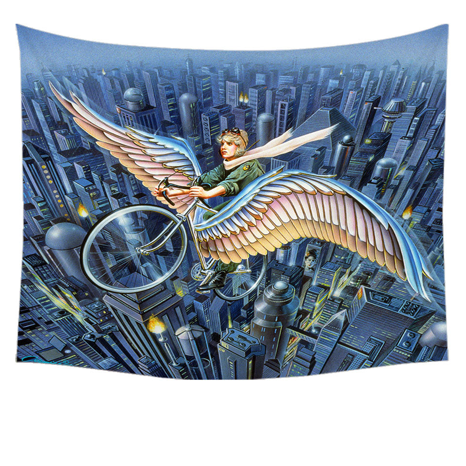 Future Wall Decor Icarus Bicycle Wings above the City Tapestry