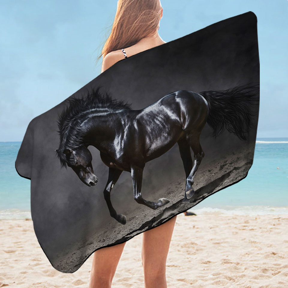 Galloping Black Horse Cool Beach Towels