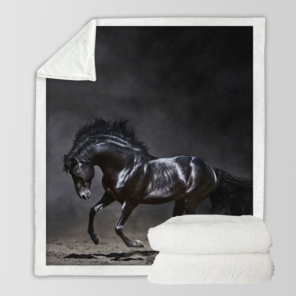 Galloping Black Horse Fleece Blankets
