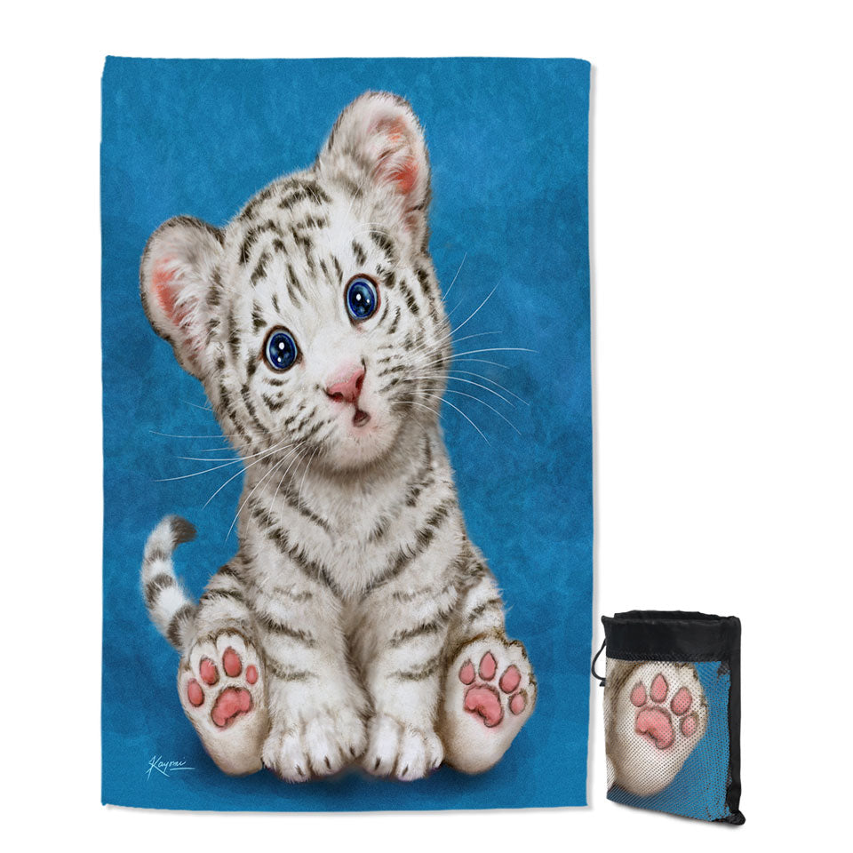 Giant Beach Towel for Kids Design Baby Blue Eyes White Tiger Cub