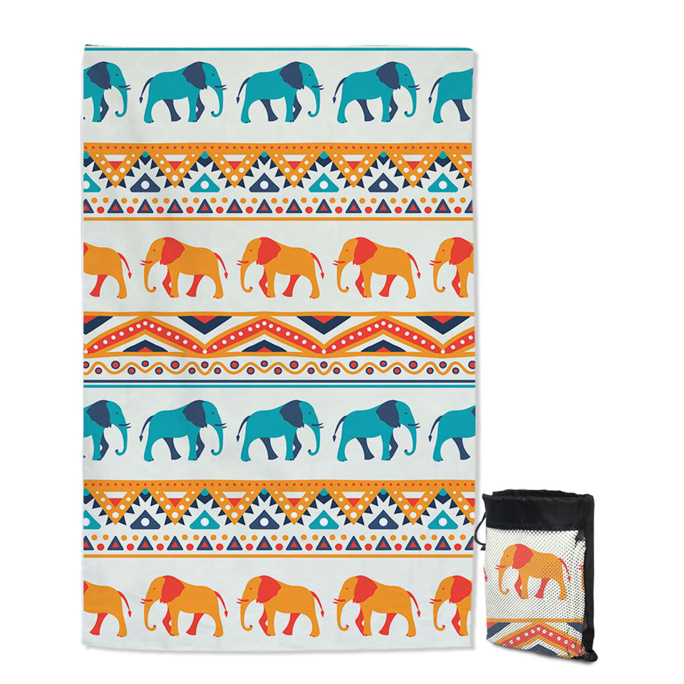 Giant Beach Towel with Blue Orange Elephants on African Design