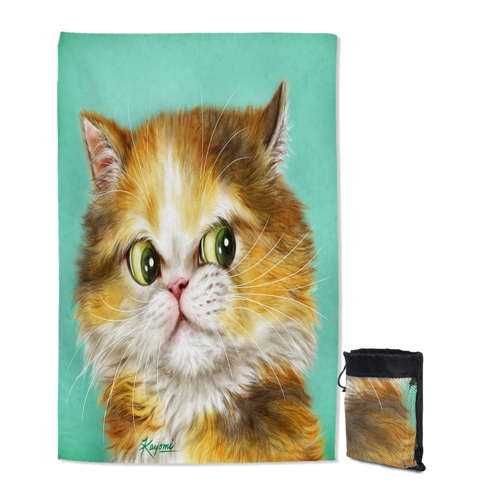 Giant Beach Towel with Green Background Painted Furry Ginger Cat
