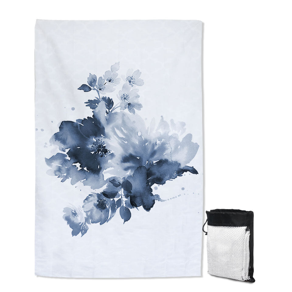 Giant Beach Towels Dark Blue Watercolor Flowers