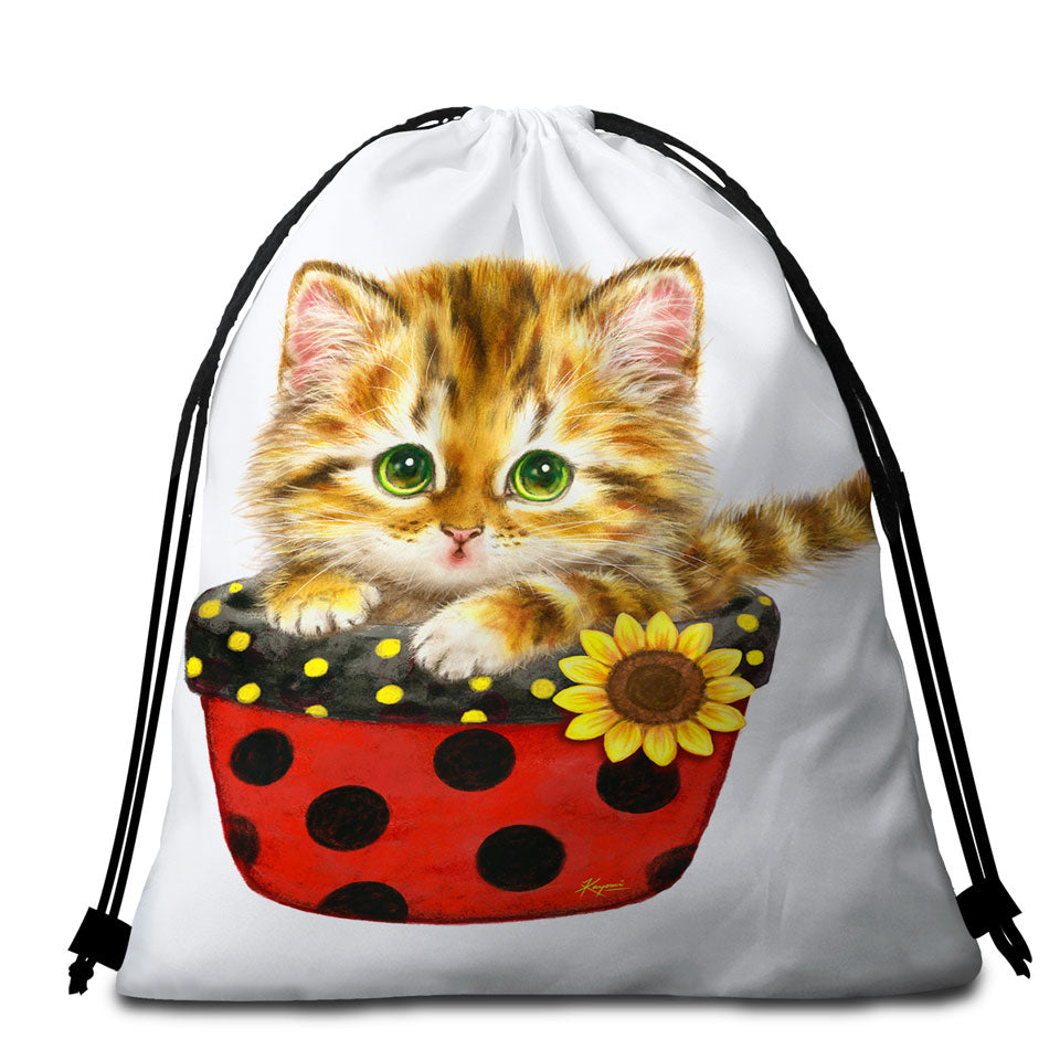 Ginger Tabby Kitten in Summer Flower Pot Beach Towel Bags