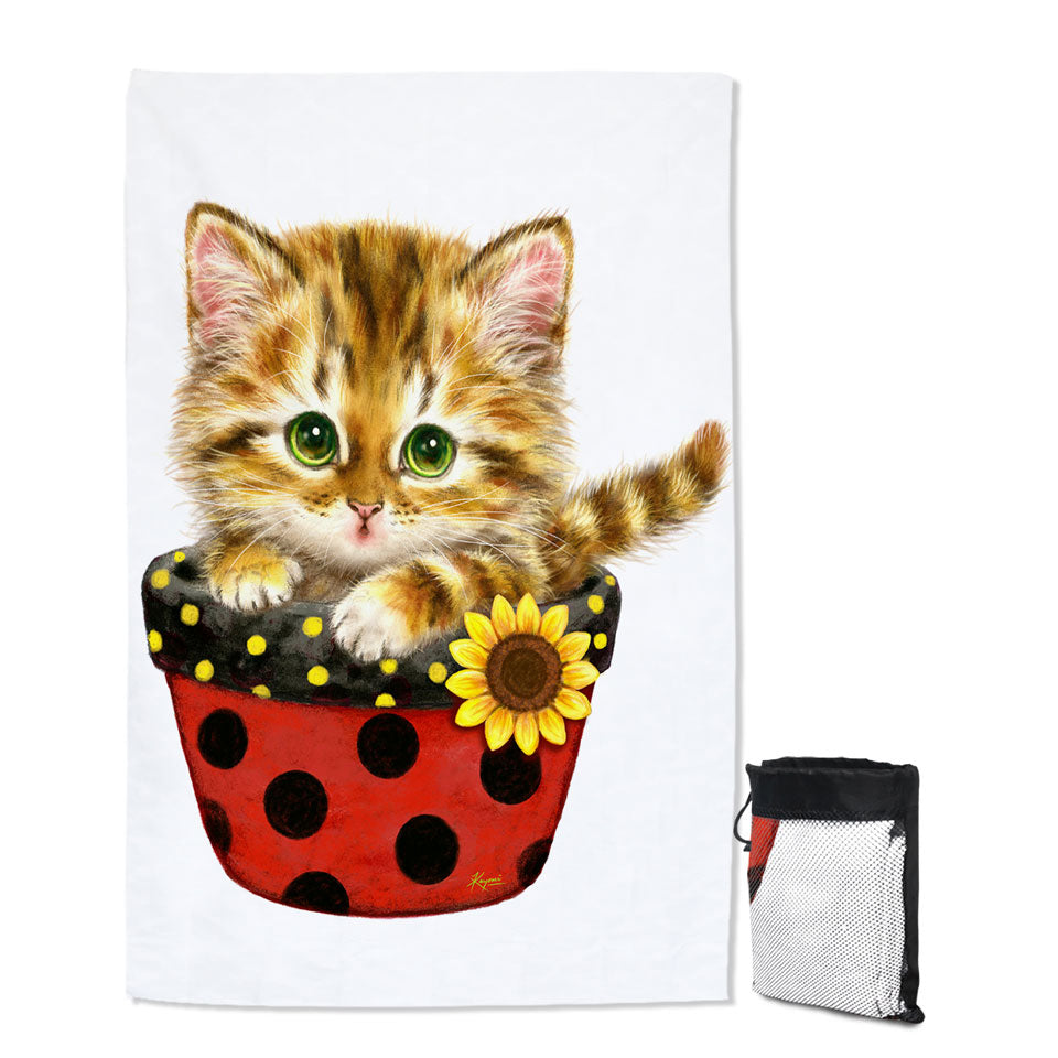 Ginger Tabby Kitten in Summer Flower Pot Beach Towels
