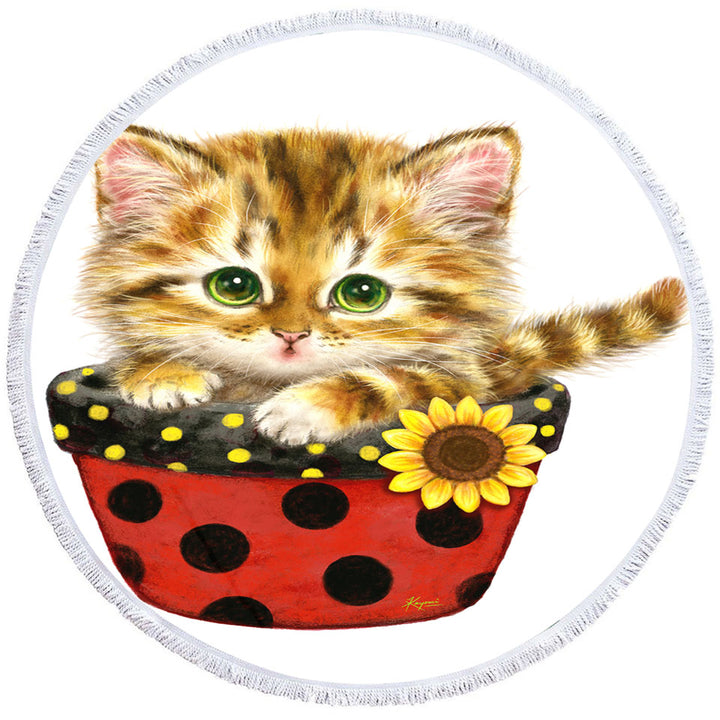 Ginger Tabby Kitten in Summer Flower Pot Circle Beach Towel
