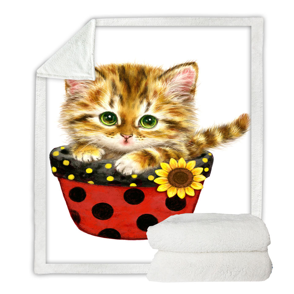 Ginger Tabby Kitten in Summer Flower Pot Throw Blanket