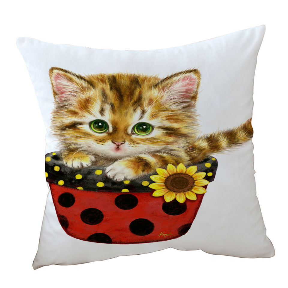 Ginger Tabby Kitten in Summer Flower Pot Throw Pillow