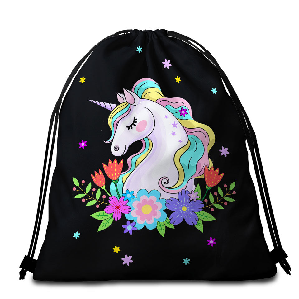 Girlish Beach Towel Bags with Flowers and Unicorn