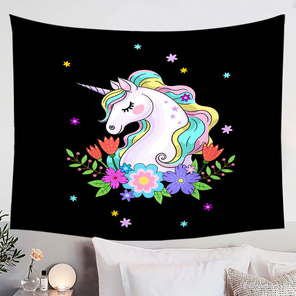 Girlish Flowers and Unicorn Hanging Fabric On Wall