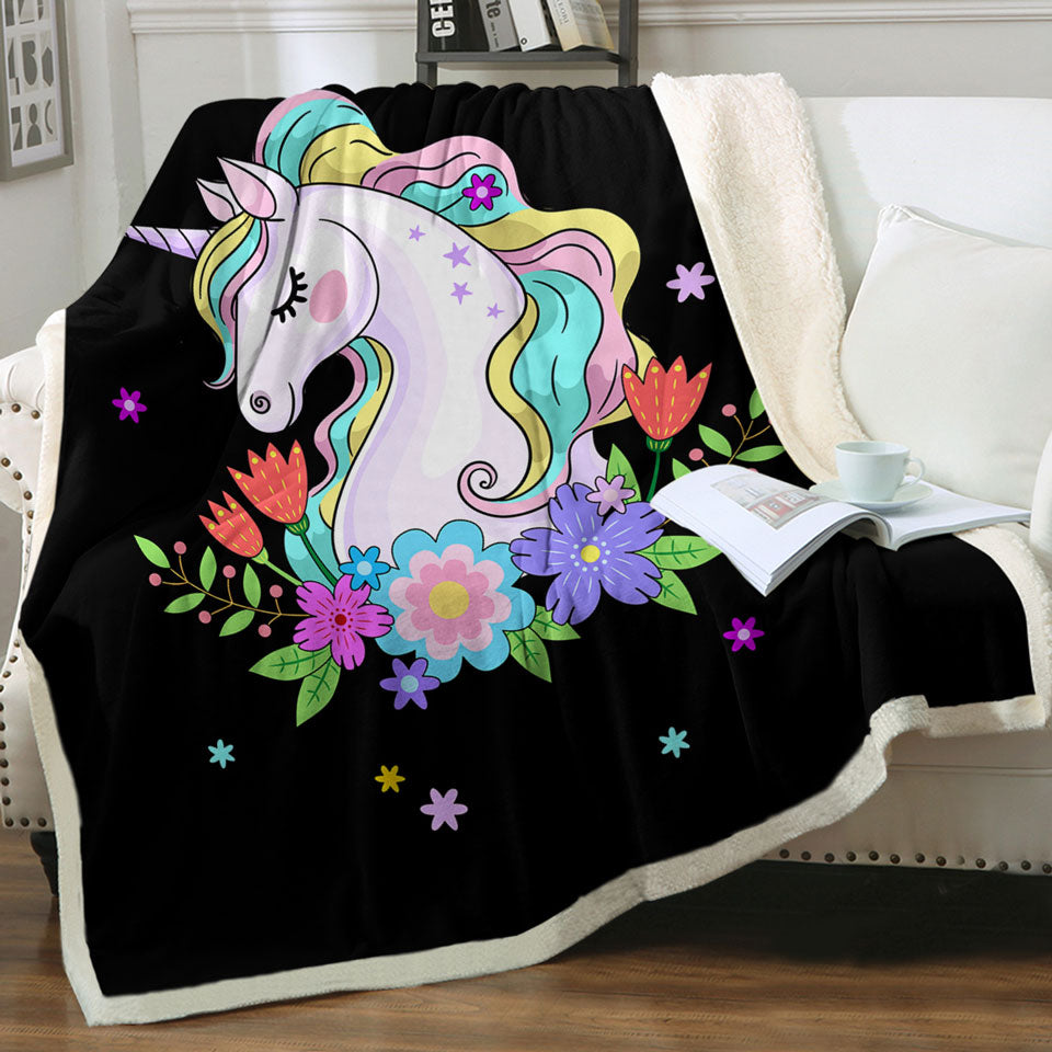 Girlish Throw Blanket Flowers and Unicorn