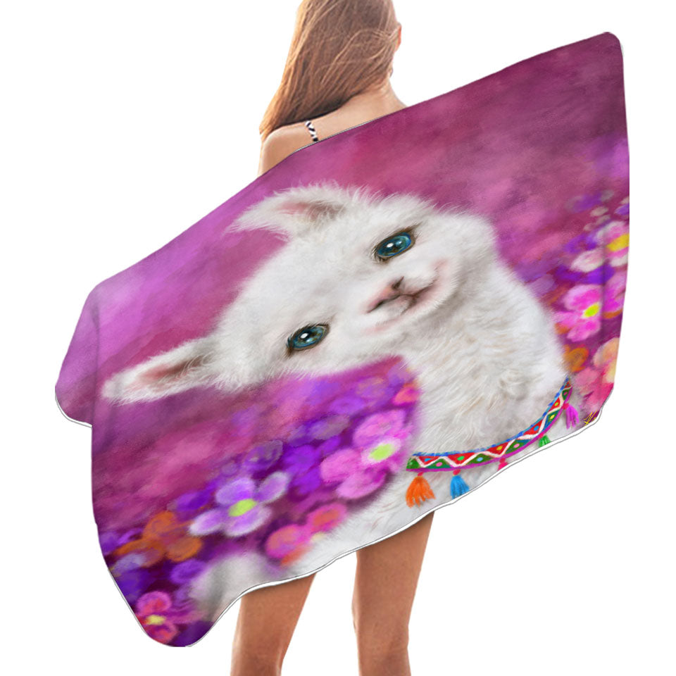 Girls Art Designs Purplish Happy Llama Pool Towels